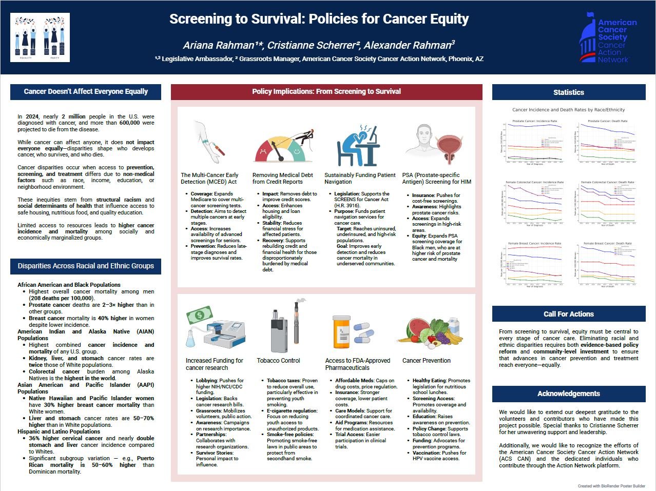 Health equity conference poster titled Screening to Survival: Policies for Cancer Equity